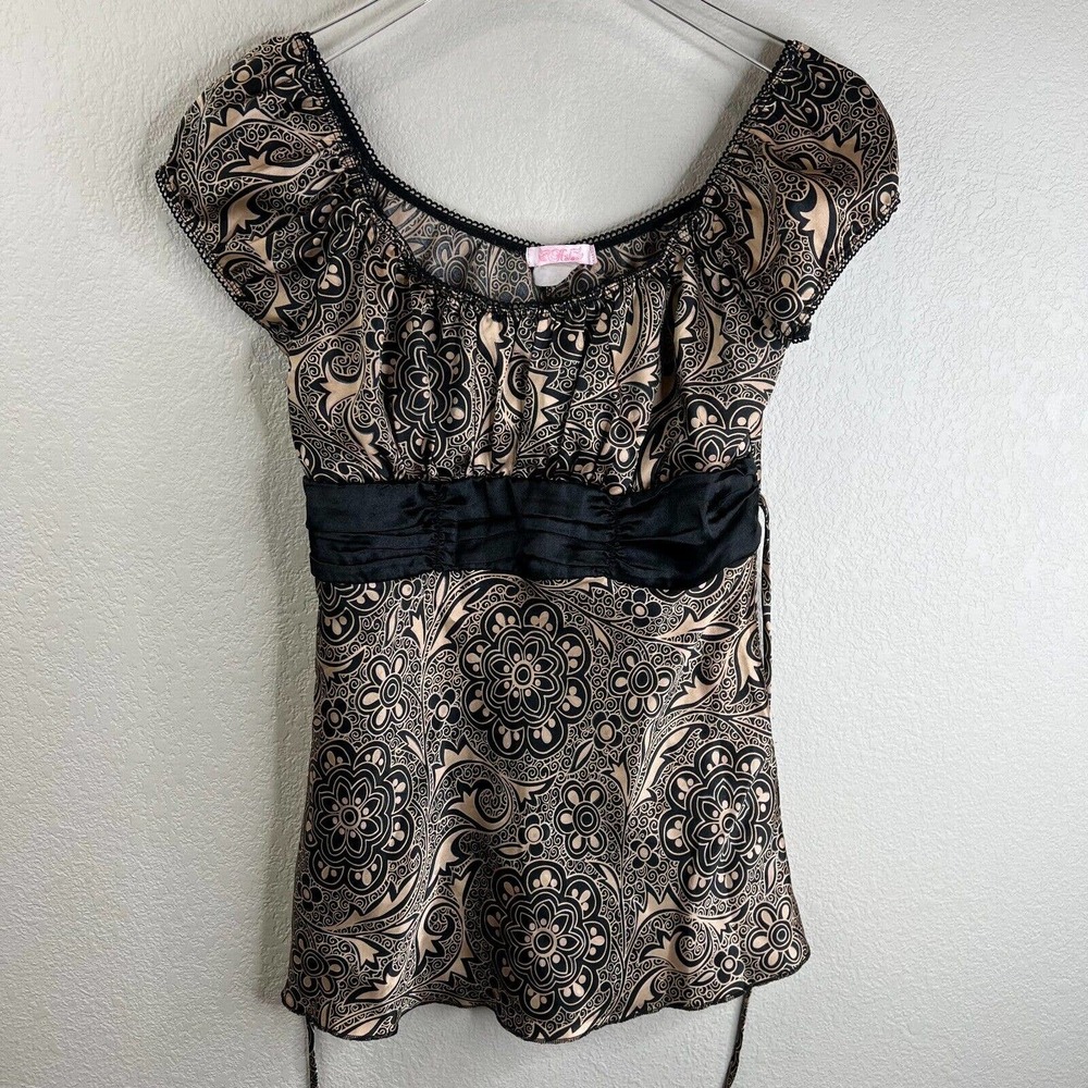 Halo Womens Baby‎ Doll Blouse Brown Black Floral Paisley Back Tie Scoop Neck